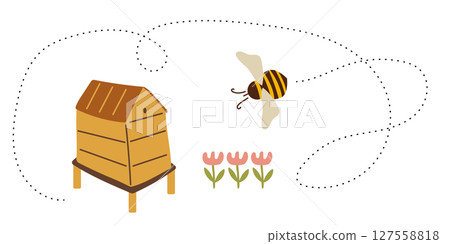 Bee is flying from flower to home. Flight of the bee. Summer illustration. Healthy eating. 127558818