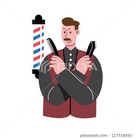 Barber Character with Tools and Classic Barber Pole 127558893