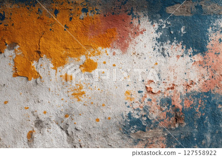 Vibrant paint splashes on rustic wall showcasing weathered textures for unique artistic backgrounds 127558922