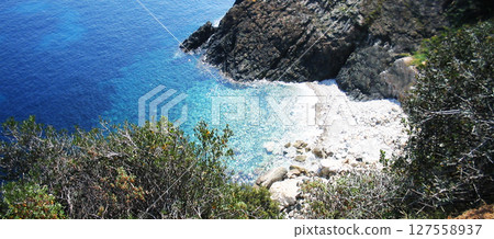 Picturesque beach view on Elba Island, Italy. The soft white sand stretches along the crystal-clear, turquoise waters of the Mediterranean, framed by lush greenery and towering cliffs. Picturesque beach view on Elba Island, Italy. The soft white sand stretches along the crystal-clear, turquoise waters of the Mediterranean, framed by lush greenery and towering cliffs. 127558937