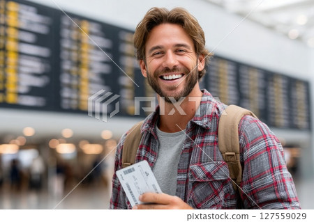 Young Traveler at Airport Holding Boarding Pass Young Traveler at Airport Holding Boarding Pass 127559029
