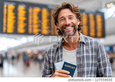 Cheerful Man at Airport with Passport Ready for Travel Cheerful Man at Airport with Passport Ready for Travel 127559030