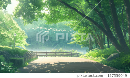 動漫風格的背景：陽光透過樹木的路徑 127559049