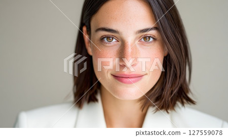 Smiling Woman in White Blazer with Natural Look Smiling Woman in White Blazer with Natural Look 127559078