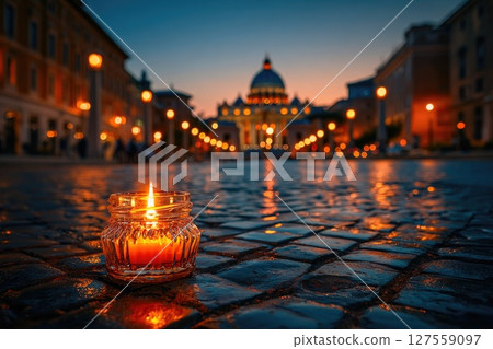 Candle in Jar on Wet Cobblestone Street at Dusk 127559097