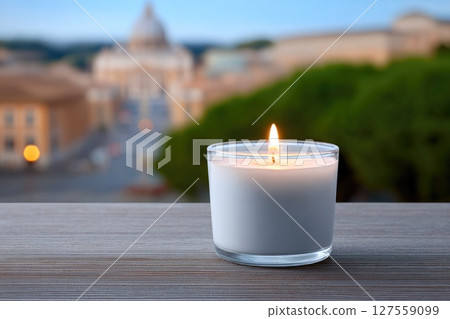 Glass Candle with Vatican in Background at Dusk Glass Candle with Vatican in Background at Dusk 127559099
