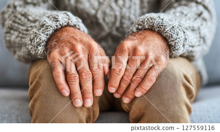 Elderly Hands Resting on Knees Elderly Hands Resting on Knees 127559116
