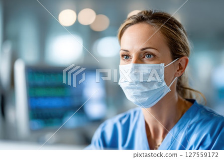 Nurse Wearing Mask in ICU Unit Nurse Wearing Mask in ICU Unit 127559172