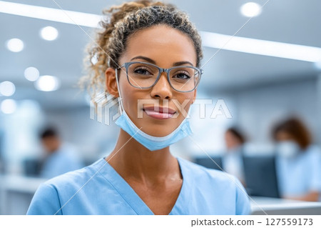 Female Nurse Smiling with Mask Down 127559173