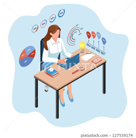 Business online education concept with woman effectively utilizing a laptop for her studies, complemented by diverse tables and charts. Isometric flat illustration design. Business online education concept with woman effectively utilizing a laptop for her studies, complemented by diverse tables and charts. Isometric flat illustration design. 127559174