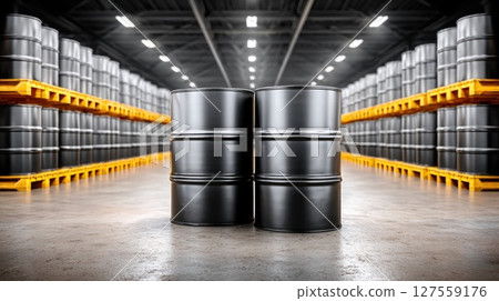 Industrial Black Oil Barrels in Warehouse Industrial Black Oil Barrels in Warehouse 127559176
