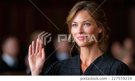 Female Judge Taking Oath in Courtroom 127559219