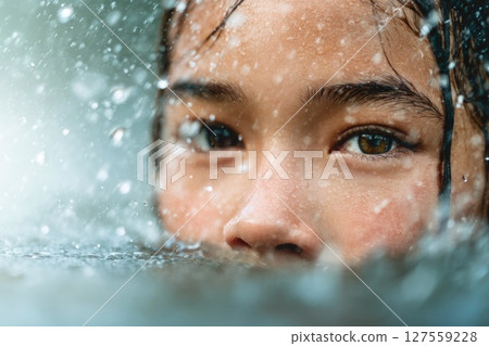 Close-Up of Girl in Water with Splashing Droplets Close-Up of Girl in Water with Splashing Droplets 127559228
