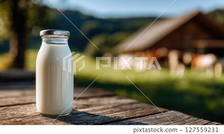 Fresh Bottle of Milk Outdoors on Wooden Table Fresh Bottle of Milk Outdoors on Wooden Table 127559231