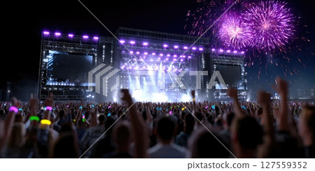 Night Concert with Fireworks and Crowd Energy Night Concert with Fireworks and Crowd Energy 127559352