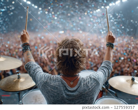Rock Drummer Energizing a Massive Crowd at a Live Concert Rock Drummer Energizing a Massive Crowd at a Live Concert 127559357