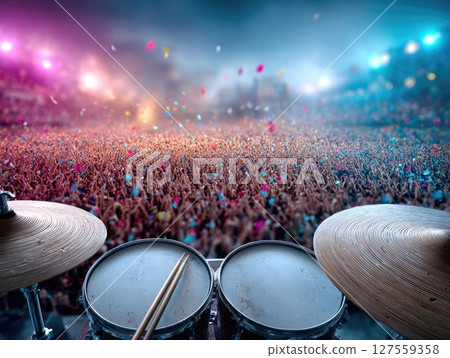 Massive Concert Crowd Seen from Behind Drum Kit 127559358
