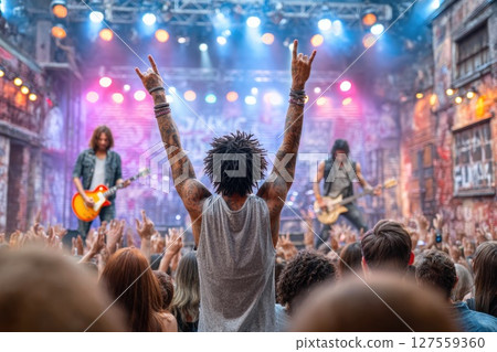 Fan Enjoying Live Rock Performance in Front of Stage 127559360