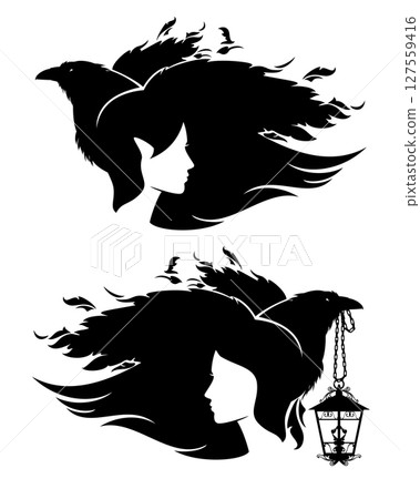 black and white vector portrait of fantasy elf woman and raven bird holding magic lantern 127559416