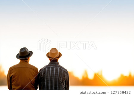 Two Men Sitting With Hats Watching Sunset 127559422