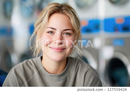 Young Blonde Woman Smiling at Laundromat Young Blonde Woman Smiling at Laundromat 127559426