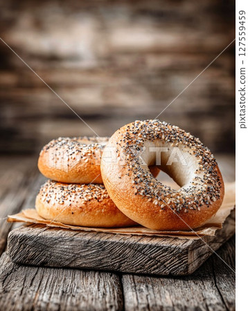 Stack of Everything Bagels on Rustic Wooden Background 127559459