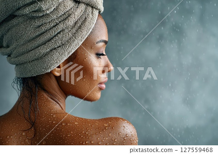 Steamy Spa Moment with Woman and Towel Wrapped Hair Steamy Spa Moment with Woman and Towel Wrapped Hair 127559468