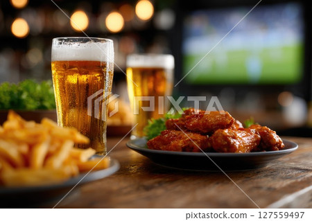 Bar Meal with Beer, Wings and Fries 127559497