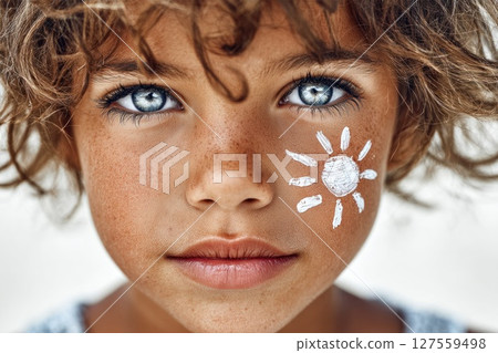 Close-Up of Child with Sun Cream Painted on Face 127559498