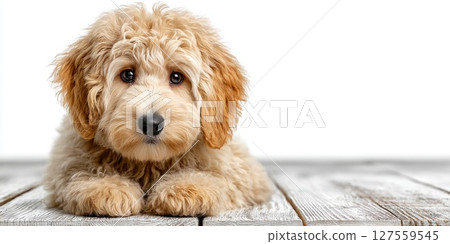 Fluffy Apricot Puppy on White Wooden Floor Fluffy Apricot Puppy on White Wooden Floor 127559545