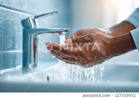 Man Washing Hands Under Running Water Man Washing Hands Under Running Water 127559552