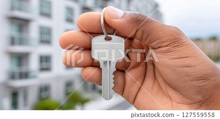 Holding Key with Apartment Building in Background Holding Key with Apartment Building in Background 127559558