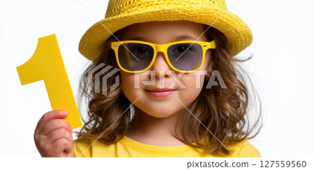 Cute Girl Wearing Yellow Holding Number One 127559560
