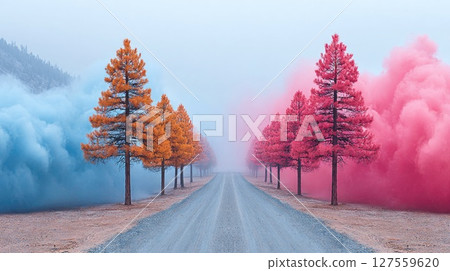 Vibrant Colorful Trees and Misty Path 127559620