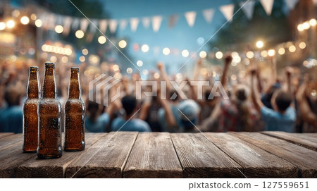 Beer Bottles on Wooden Table at Outdoor Festival 127559651