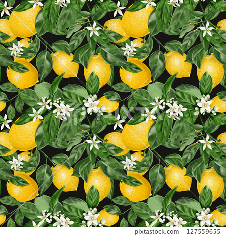 Seamless pattern with lemons. Citrus flowers on a branch with leaves and fruits. Vintage summer pattern for fabric. Small white flowers. Watercolor illustration on a dark background. Hand drawn. Seamless pattern with lemons. Citrus flowers on a branch with leaves and fruits. Vintage summer pattern for fabric. Small white flowers. Watercolor illustration on a dark background. Hand drawn. 127559655