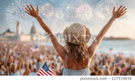 Patriotic Celebration with Fireworks and Crowd Patriotic Celebration with Fireworks and Crowd 127559656