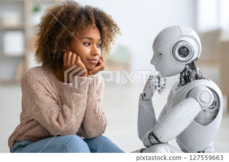 Thoughtful Woman and Robot in Deep Conversation Thoughtful Woman and Robot in Deep Conversation 127559663