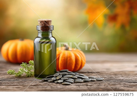 Pumpkin Seed Oil Bottle with Seeds and Pumpkins Pumpkin Seed Oil Bottle with Seeds and Pumpkins 127559675