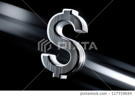 High-Tech Chrome Dollar Sign Floating with Light Beams High-Tech Chrome Dollar Sign Floating with Light Beams 127559684