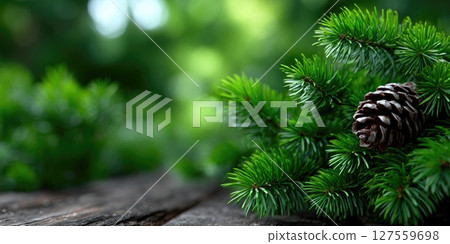 Pine Branch with Cone on Rustic Wooden Table 127559698