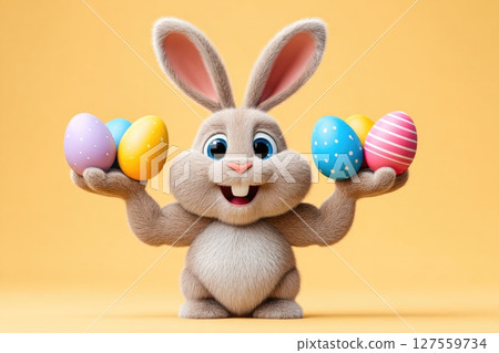 Happy Cartoon Easter Bunny Holding Colorful Eggs Happy Cartoon Easter Bunny Holding Colorful Eggs 127559734
