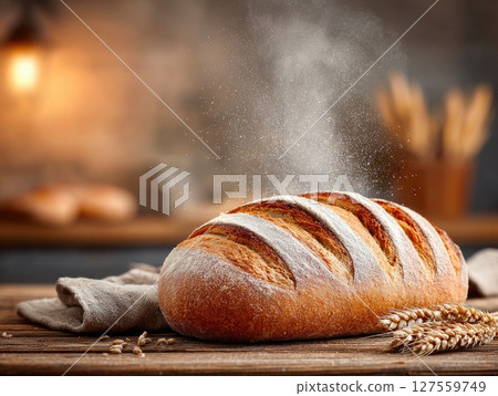 Artisan Bread Loaf with Flour Dusting on Wooden Table 127559749