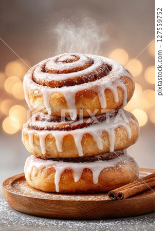 Stack of Cinnamon Rolls with Dripping Icing 127559752