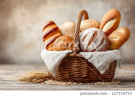 Assorted Fresh Bread in Wicker Basket on Wooden Surface Assorted Fresh Bread in Wicker Basket on Wooden Surface 127559753