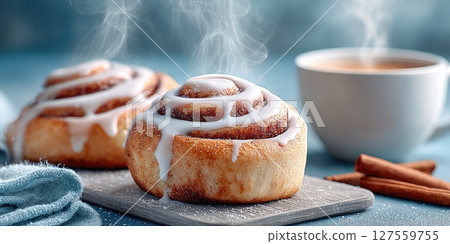 Fresh Cinnamon Rolls with Icing and Coffee Fresh Cinnamon Rolls with Icing and Coffee 127559755