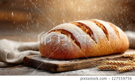 Flour-Dusted Bread Loaf with Falling Powder on Wooden Board 127559756