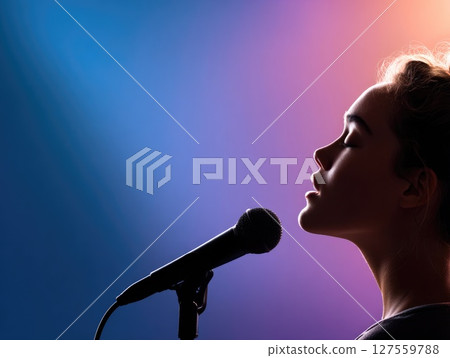 Silhouette of Woman Singing into Microphone on Colorful Background Silhouette of Woman Singing into Microphone on Colorful Background 127559788