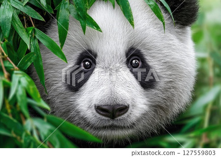 Close-Up of Panda Face in Bamboo Leaves 127559803