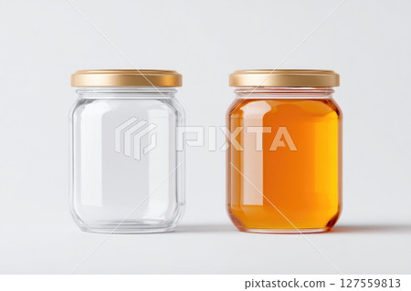 Full vs Empty Glass Jar with Golden Lid on White 127559813